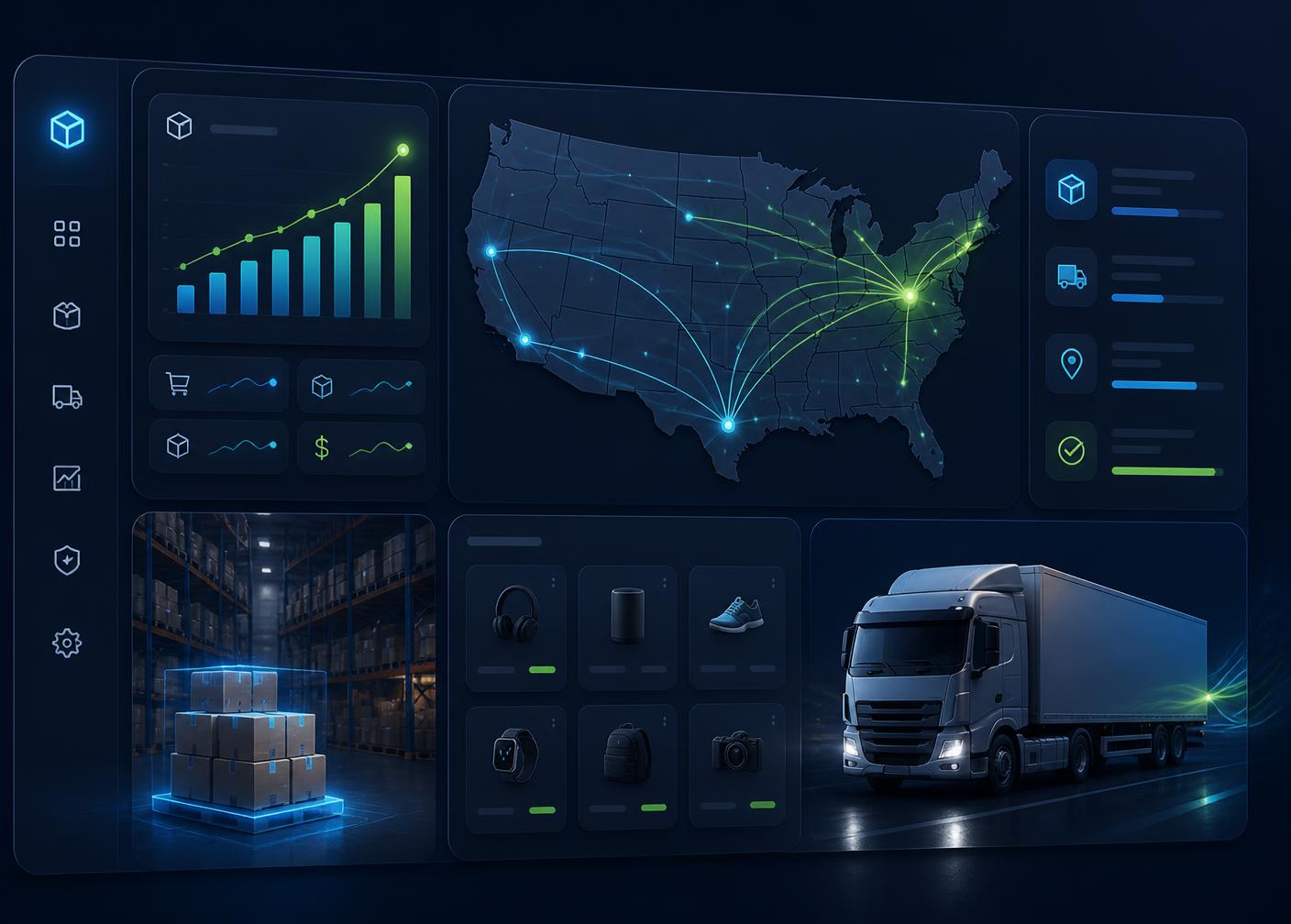 LokelaSync Pvt Ltd warehouse dashboard showing US shipping routes, live order analytics, and same-day fulfillment